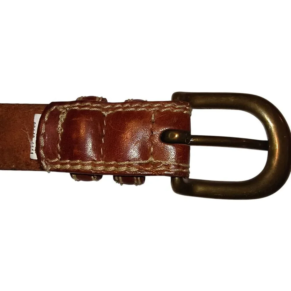 Vintage genuine leather stitched belt Size 32 brass hardware Taiwan cowboy rodeo